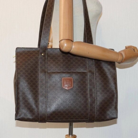 CELINE Macadam Canvas Shoulder Bag PVC Leather Brown Gold Auth - Picture 1 of 16